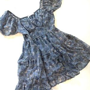 Altar’d State Dress Womens Medium Blue Floral Puff Sleeve Mini New